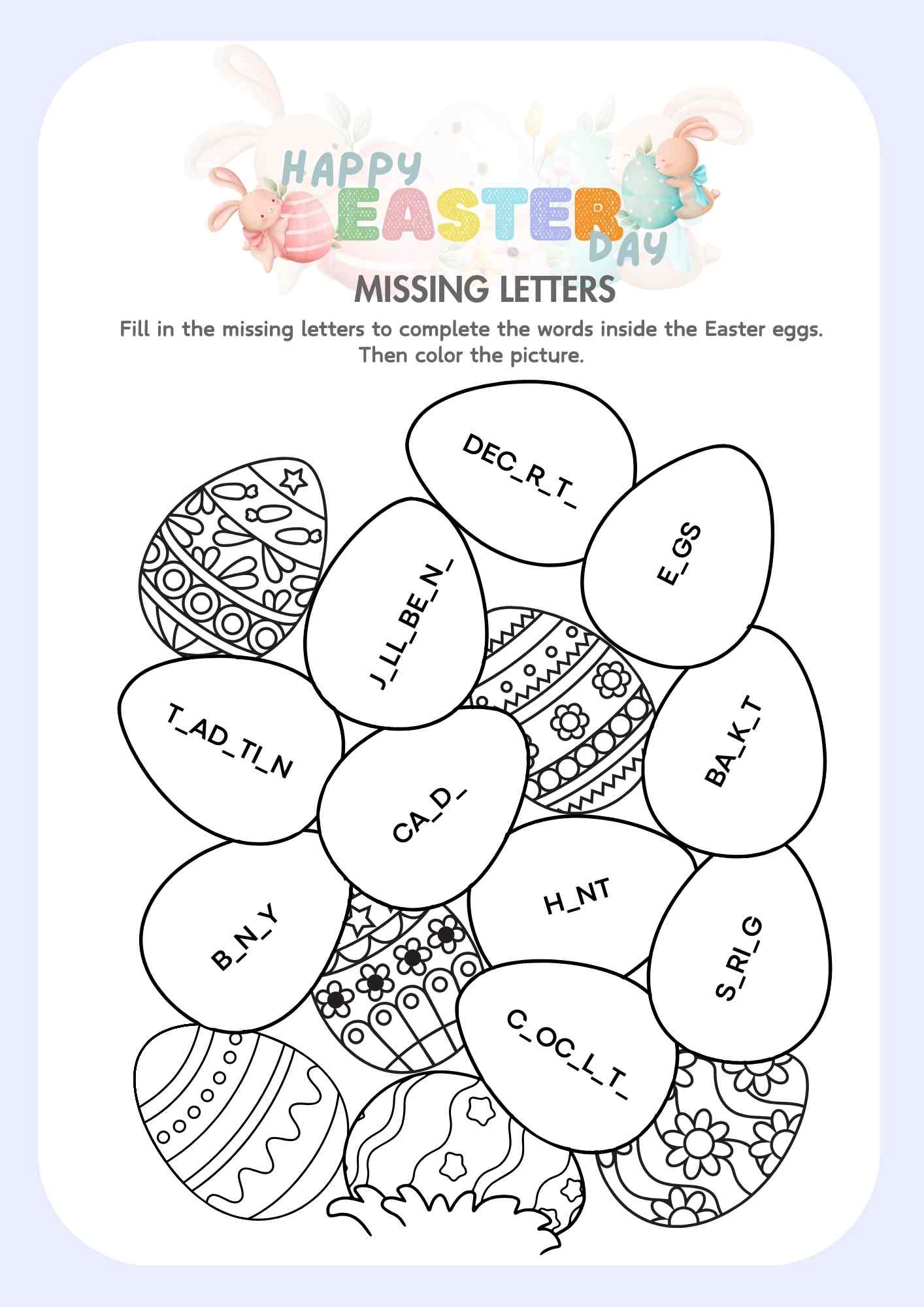 Easter Day Fill in the missing letters and color Easter eggs free